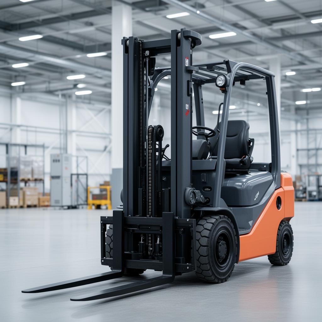 Industrial forklift with hydraulic mast in a clean warehouse